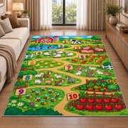 farm counting path learning rug displayed in a sunlit lounge beside a sofa