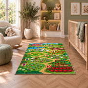 farm counting path learning rug displayed in a nursery beside an upholstered chair