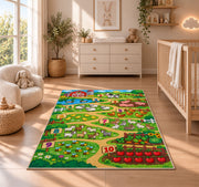 farm counting path learning rug displayed in a nursery beside a crib