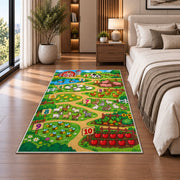 farm counting path learning rug displayed in a bedroom beside the bed