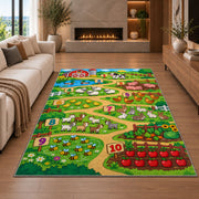 farm counting path learning rug displayed in a living room with a fireplace
