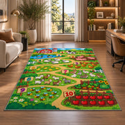 farm counting path learning rug displayed in a lounge with wooden shelves