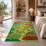 farm counting path learning rug displayed in a bedroom in sunlight