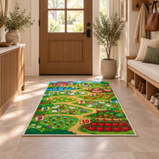 farm counting path learning rug displayed in a entryway beside a wooden door