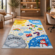 cheerful weather symbols rug displayed in a living room with wooden shelves