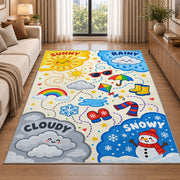 cheerful weather symbols rug displayed in a sunlit lounge beside a sofa