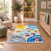 cheerful weather symbols rug displayed in a nursery beside an upholstered chair