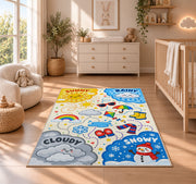 cheerful weather symbols rug displayed in a nursery beside a crib
