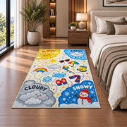 cheerful weather symbols rug displayed in a bedroom beside the bed