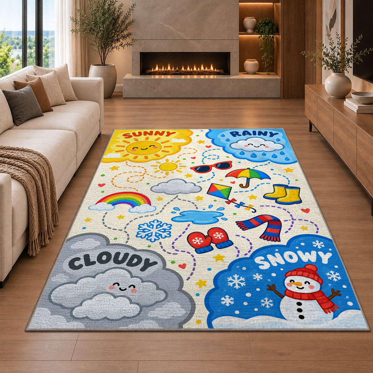 cheerful weather symbols rug displayed in a living room with a fireplace