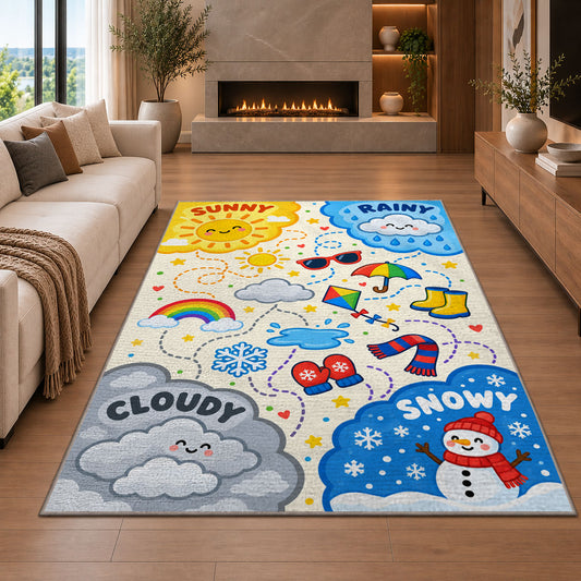 cheerful weather symbols rug displayed in a living room with a fireplace
