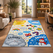 cheerful weather symbols rug displayed in a lounge with wooden shelves