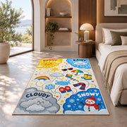 cheerful weather symbols rug displayed in a bedroom in sunlight