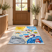 cheerful weather symbols rug displayed in a entryway beside a wooden door