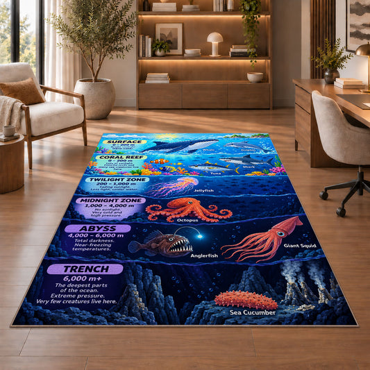 ocean depths marine creatures rug displayed in a living room with wooden shelves