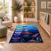 ocean depths marine creatures rug displayed in a nursery beside an upholstered chair