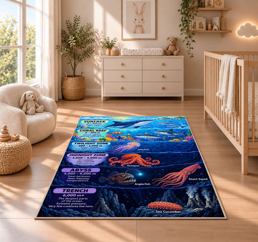 ocean depths marine creatures rug displayed in a nursery beside a crib