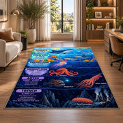 ocean depths marine creatures rug displayed in a lounge with wooden shelves
