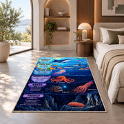 ocean depths marine creatures rug displayed in a bedroom in sunlight