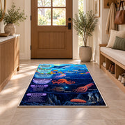 ocean depths marine creatures rug displayed in a entryway beside a wooden door