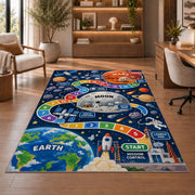 rocket launch space adventure learning rug displayed in a living room with wooden shelves