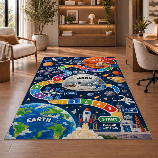 rocket launch space adventure learning rug displayed in a living room with wooden shelves
