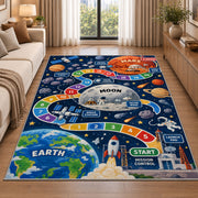 rocket launch space adventure learning rug displayed in a sunlit lounge beside a sofa