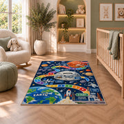 rocket launch space adventure learning rug displayed in a nursery beside an upholstered chair