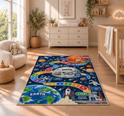 rocket launch space adventure learning rug displayed in a nursery beside a crib