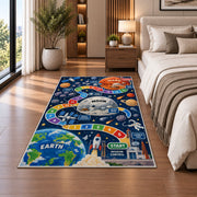 rocket launch space adventure learning rug displayed in a bedroom beside the bed