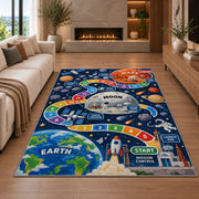 rocket launch space adventure learning rug displayed in a living room with a fireplace