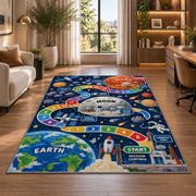 rocket launch space adventure learning rug displayed in a lounge with wooden shelves