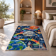 rocket launch space adventure learning rug displayed in a bedroom in sunlight