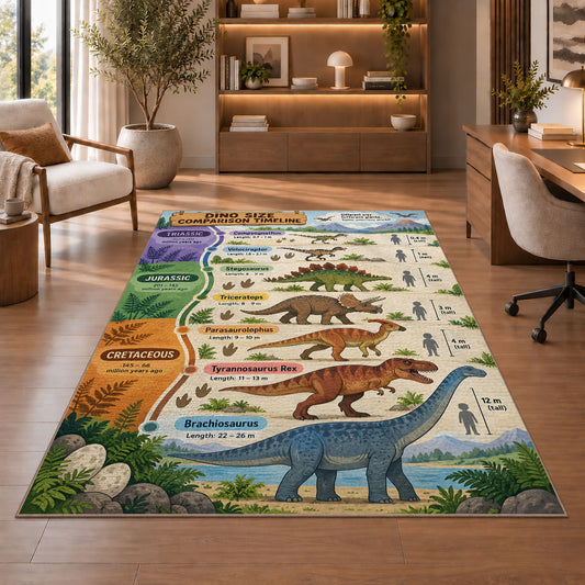 parchment dinosaur era chart rug displayed in a living room with wooden shelves