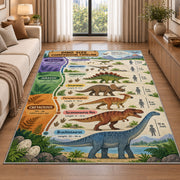 parchment dinosaur era chart rug displayed in a sunlit lounge beside a sofa