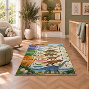 parchment dinosaur era chart rug displayed in a nursery beside an upholstered chair