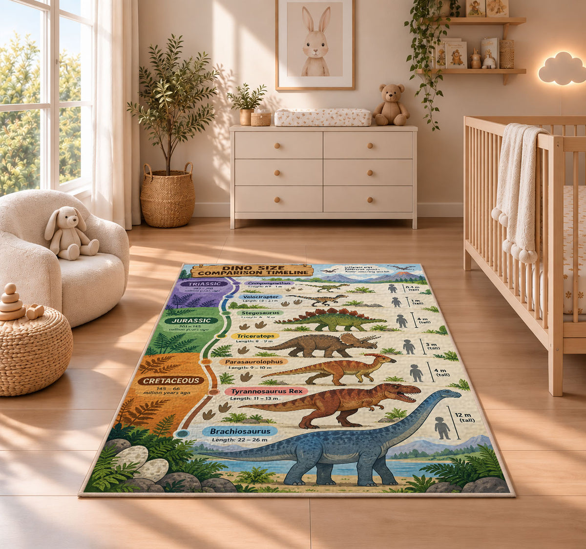 parchment dinosaur era chart rug displayed in a nursery beside a crib