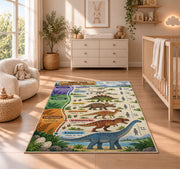 parchment dinosaur era chart rug displayed in a nursery beside a crib