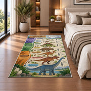 parchment dinosaur era chart rug displayed in a bedroom beside the bed