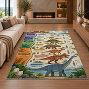 parchment dinosaur era chart rug displayed in a living room with a fireplace