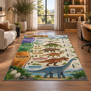 parchment dinosaur era chart rug displayed in a lounge with wooden shelves