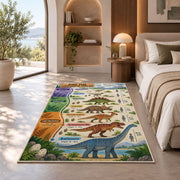 parchment dinosaur era chart rug displayed in a bedroom in sunlight