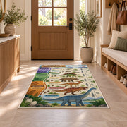 parchment dinosaur era chart rug displayed in a entryway beside a wooden door