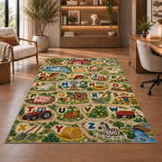 farm animal alphabet rug displayed in a living room with wooden shelves