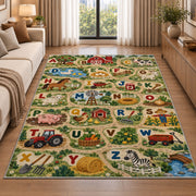 farm animal alphabet rug displayed in a sunlit lounge beside a sofa