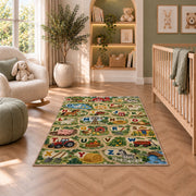 farm animal alphabet rug displayed in a nursery beside an upholstered chair