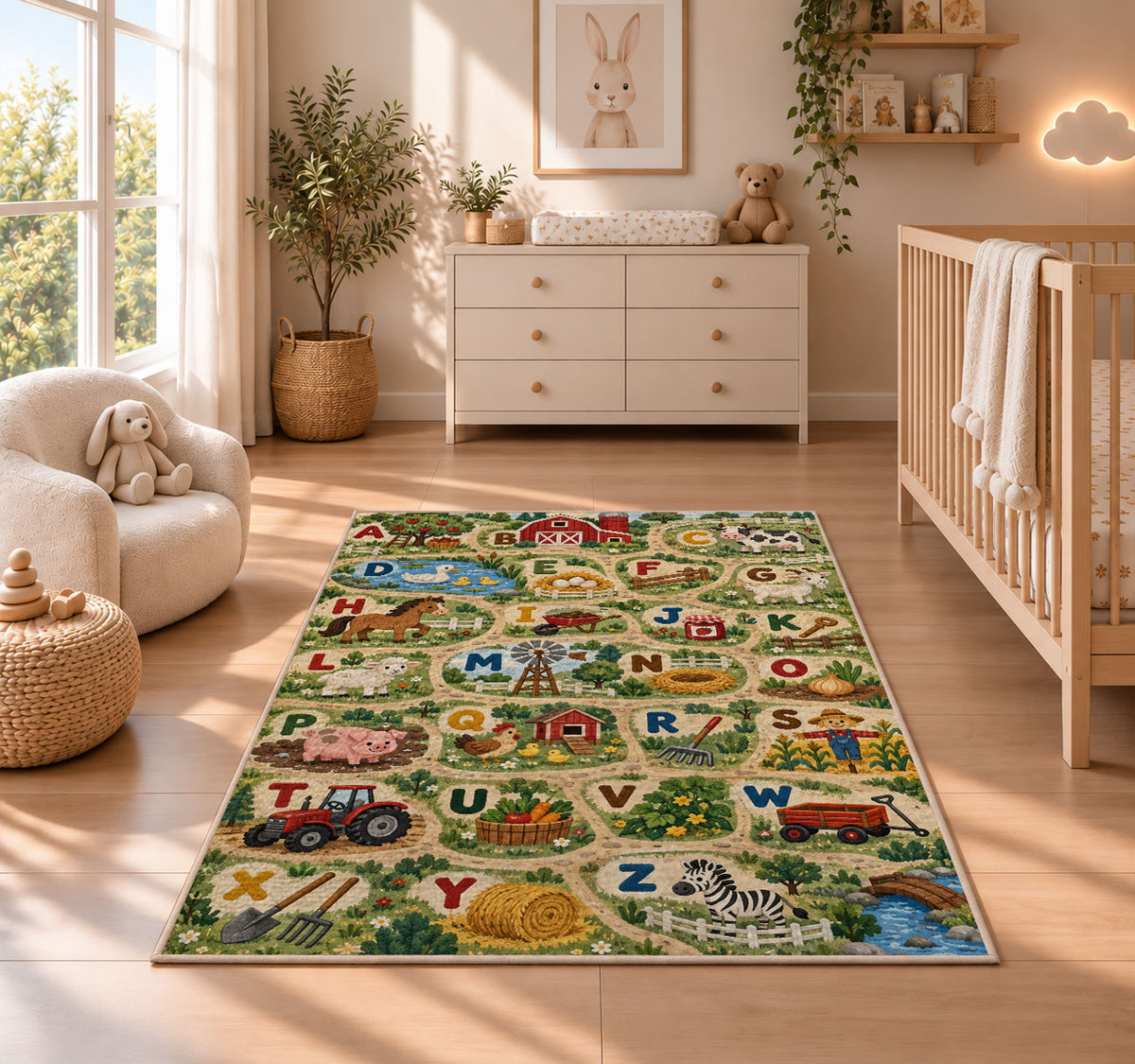 farm animal alphabet rug displayed in a nursery beside a crib
