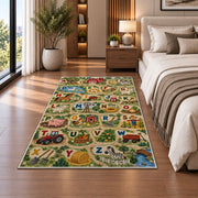farm animal alphabet rug displayed in a bedroom beside the bed