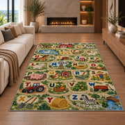 farm animal alphabet rug displayed in a living room with a fireplace