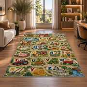 farm animal alphabet rug displayed in a lounge with wooden shelves